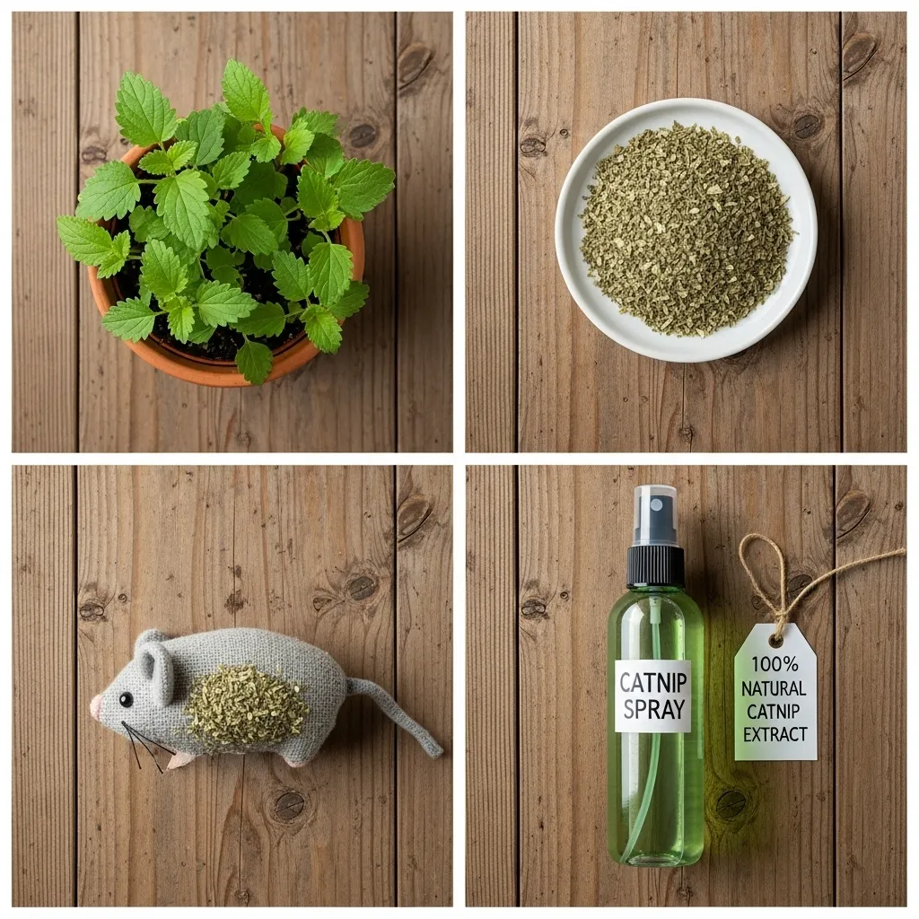 Types of catnip for cats including fresh, dried, toys, and sprays.