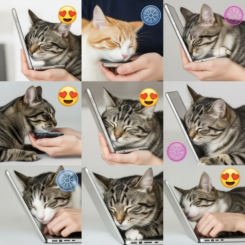 Multiple cats displaying bunting behavior on gadgets and humans.