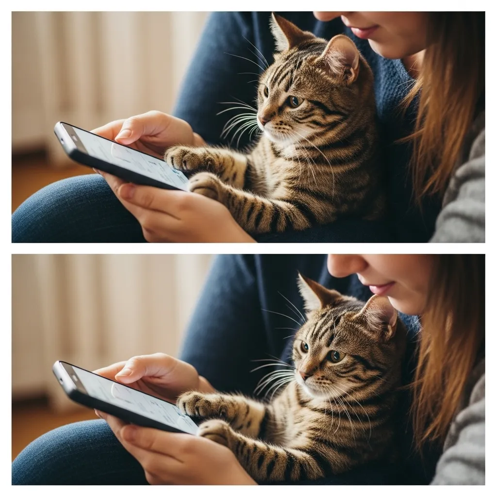 Step-by-step cat rubbing face on phone and positive human response.