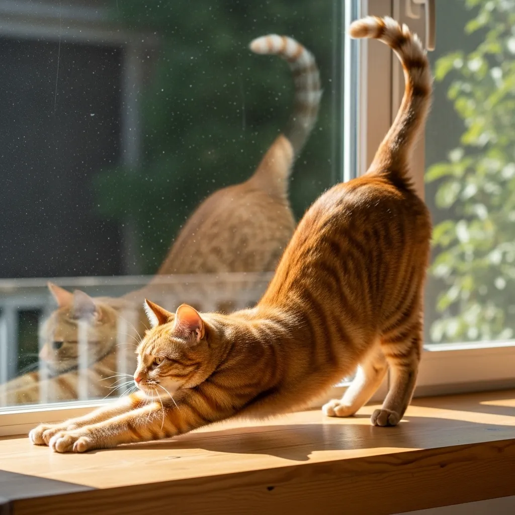 Cat performing a full-body stretch after waking up – a normal physical behavior for feline muscular flexibility