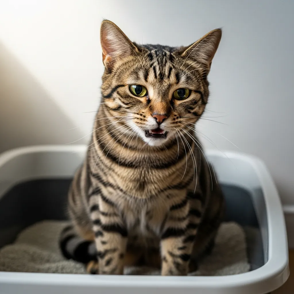 Cat straining to urinate in litter box – classic early sign of feline UTI
