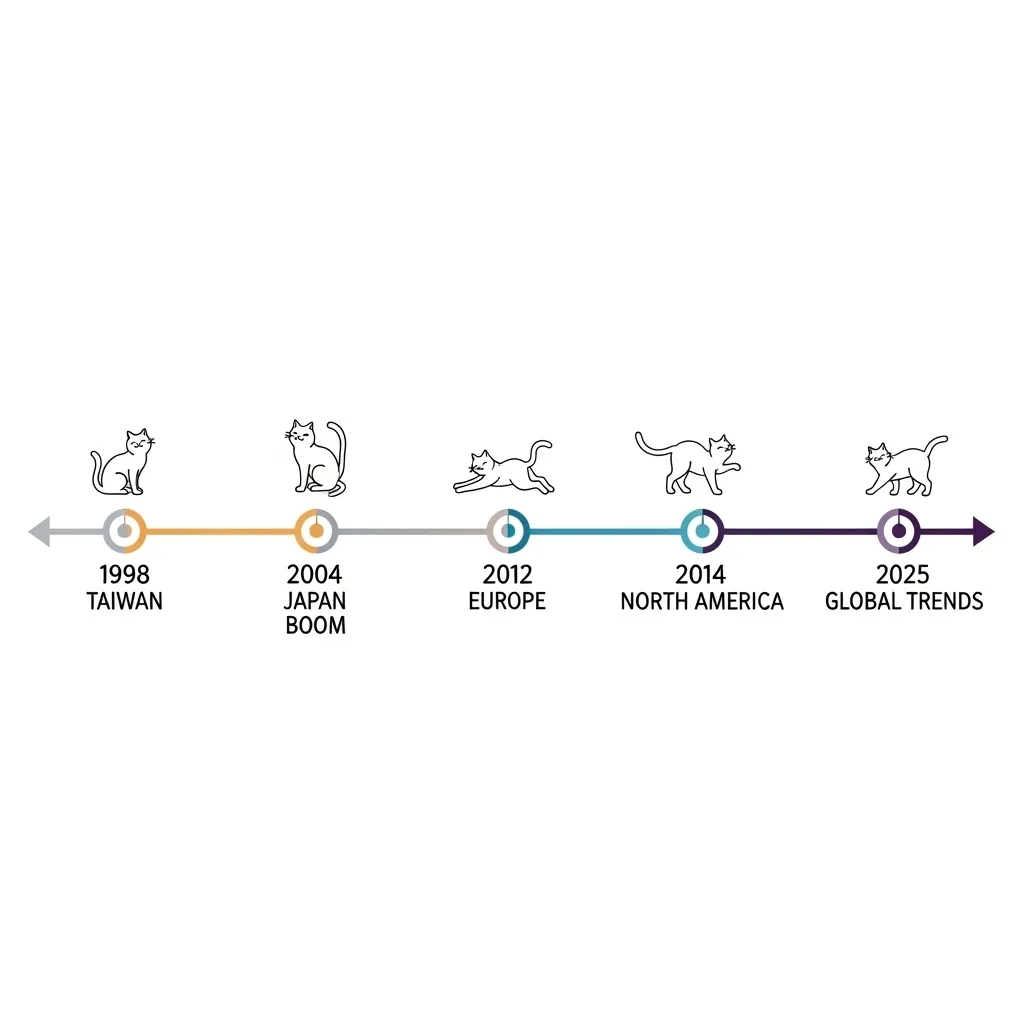 Timeline of cat cafe history from Taiwan 1998 to modern ethical rescue cat cafes in 2025
