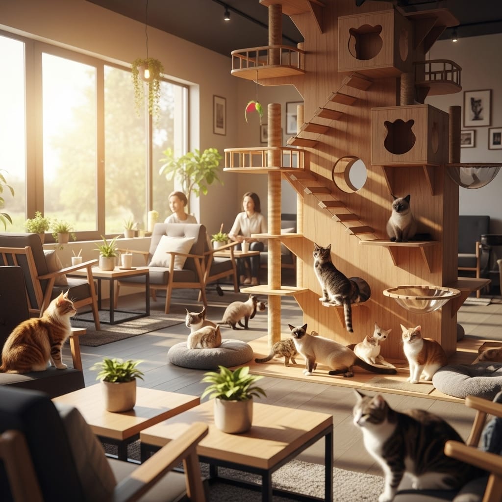  Inside a modern cat cafe with adoptable rescue cats relaxing on cat trees and sofas