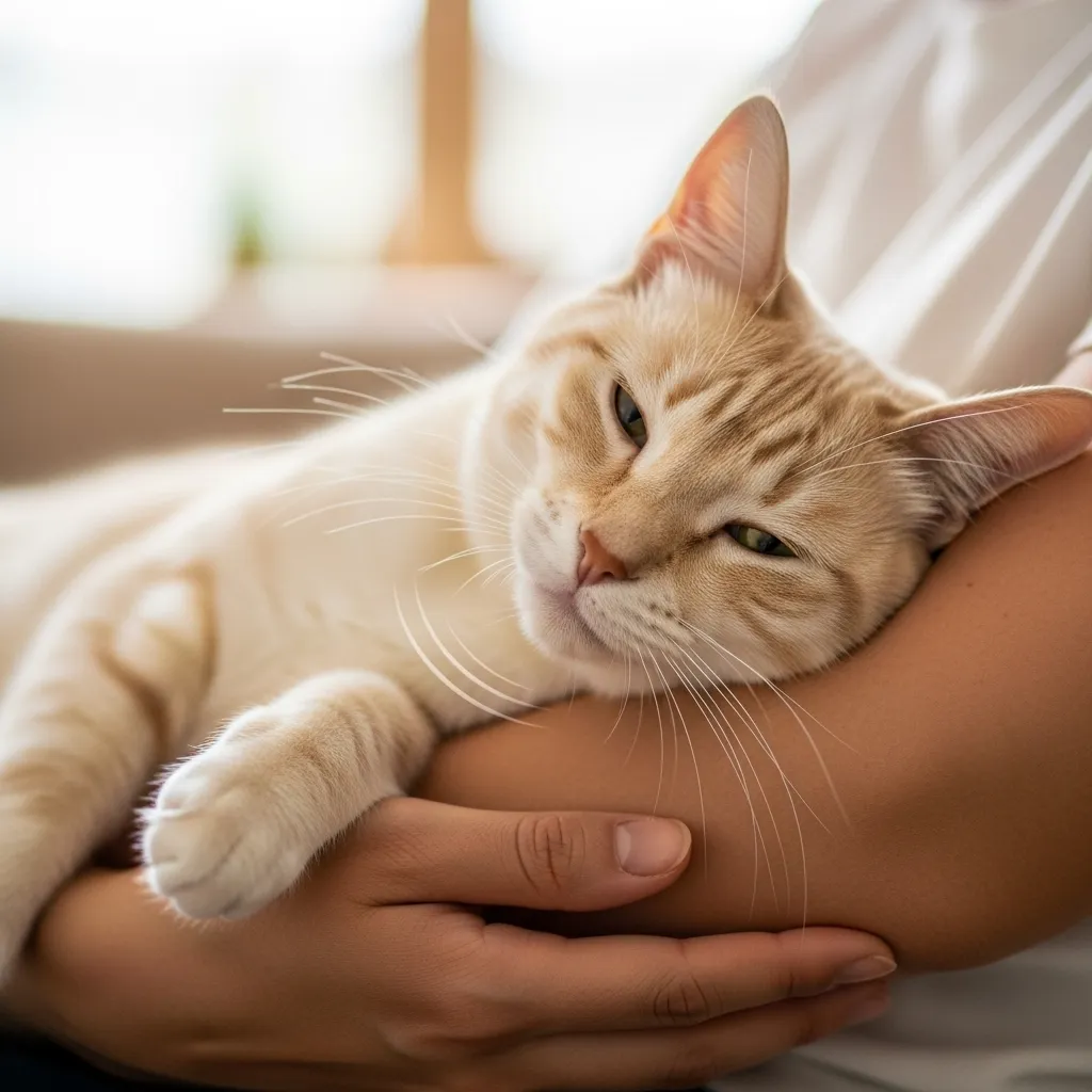Cat purring happily in owner’s arms – the ultimate sign of trust and contentment