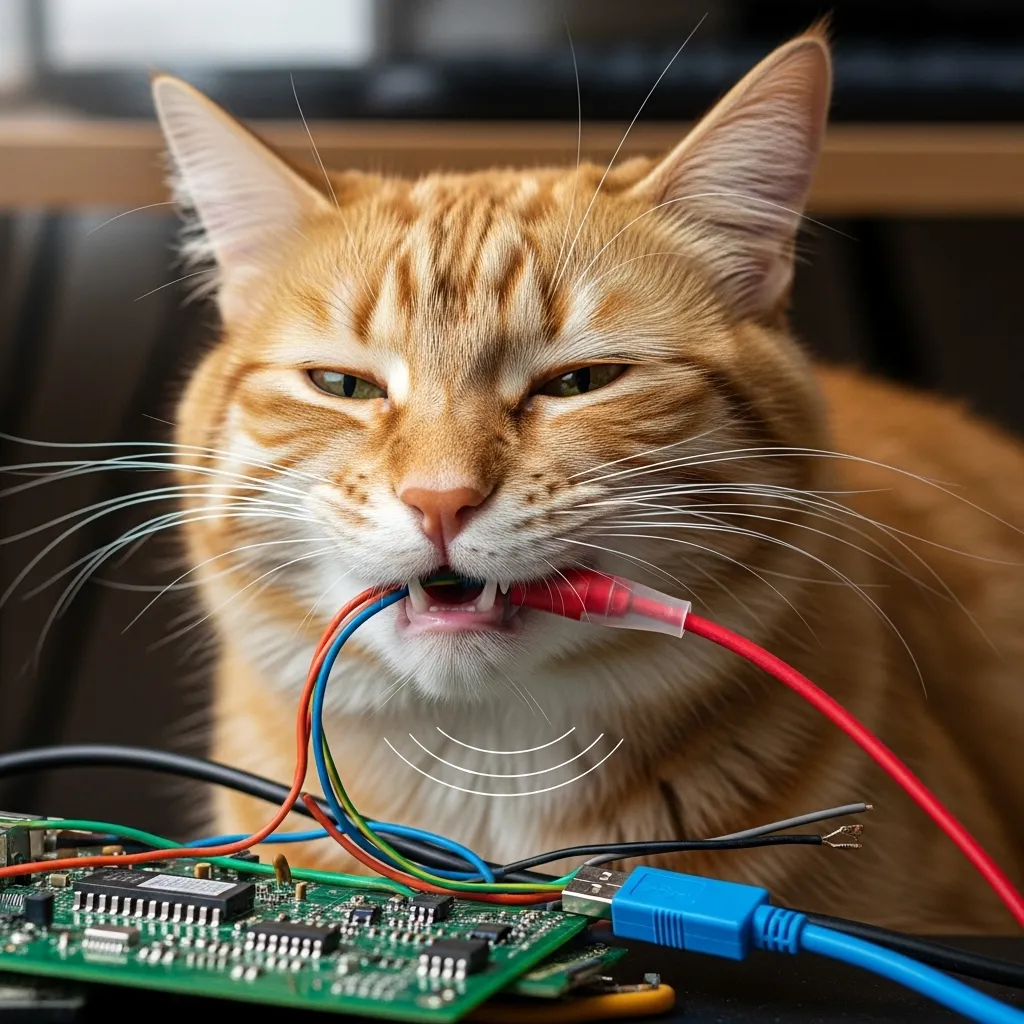 Cat biting electronics while purring – common overstimulation behavior