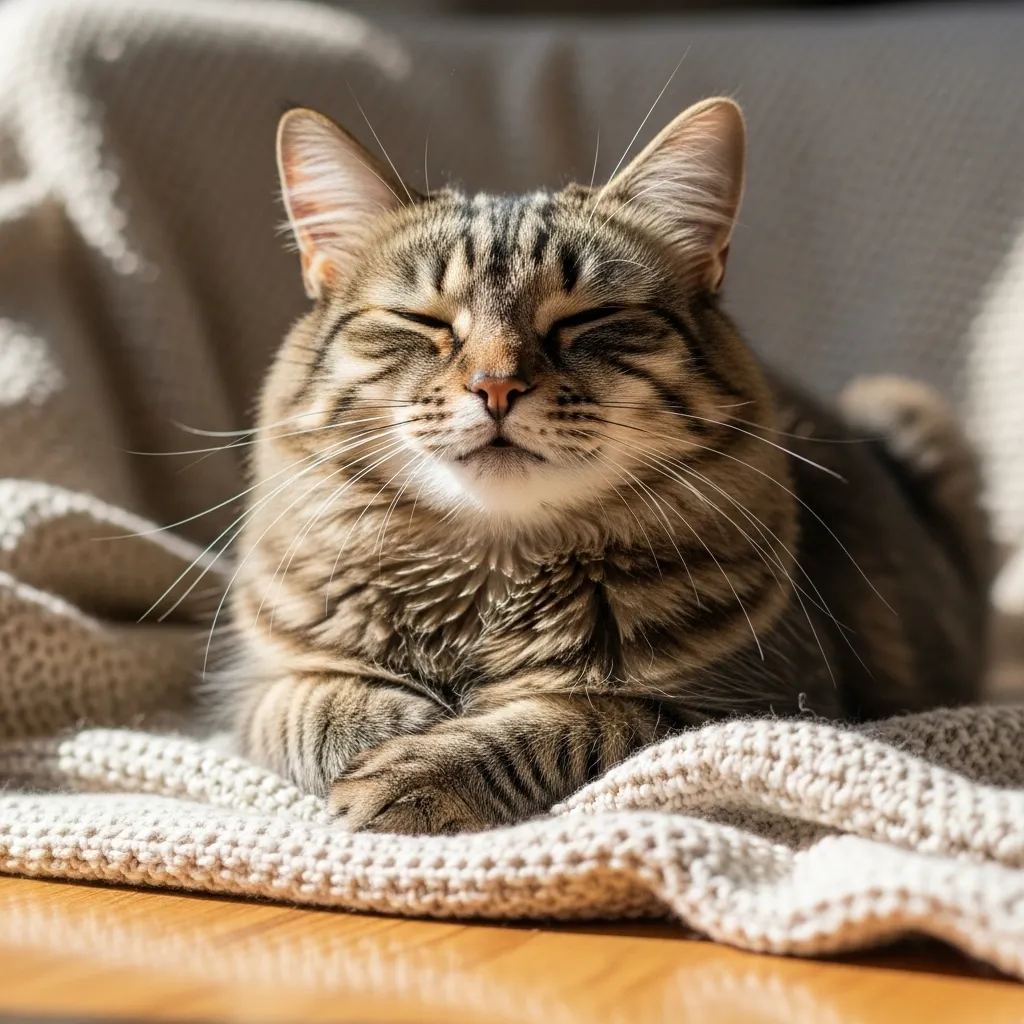  Relaxed cat purring on blanket showing classic contentment signs