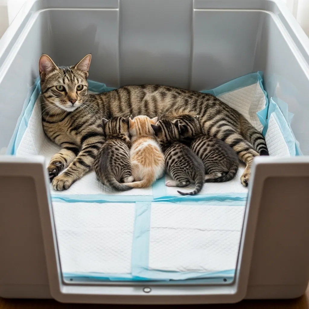 Safe layered bedding setup for postpartum cat and newborn kittens