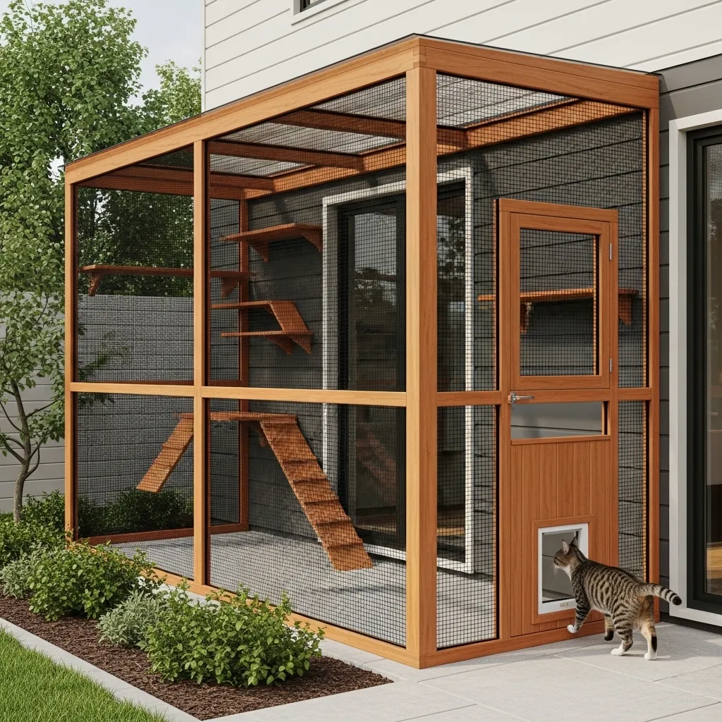 Lean-to catio design attached to home with cedar shelves and direct indoor access.