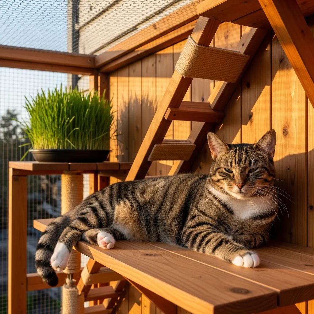 Tabby cat relaxing in a spacious modern catio design with natural wood shelves and greenery.