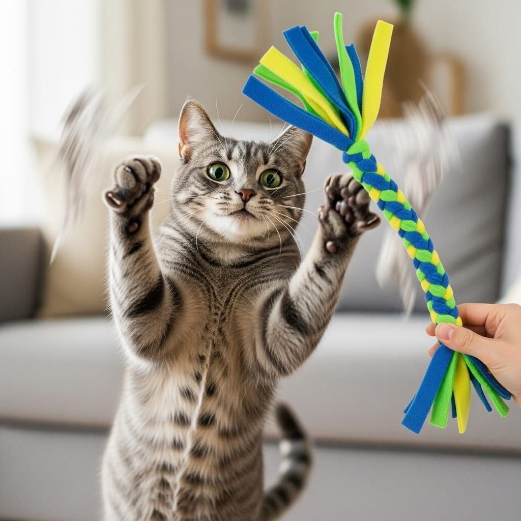 Cat excitedly playing with DIY toy made by owner
