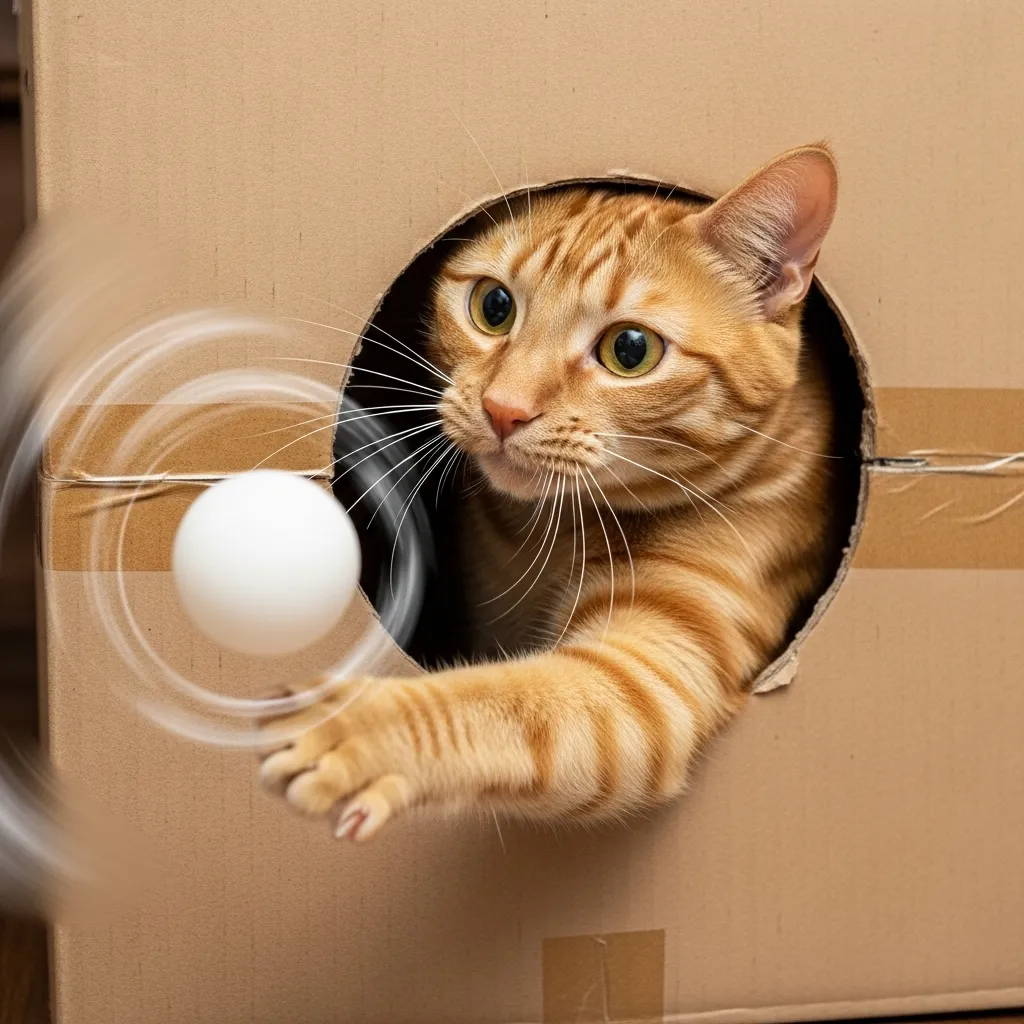 Cat playing with DIY cardboard box puzzle toy