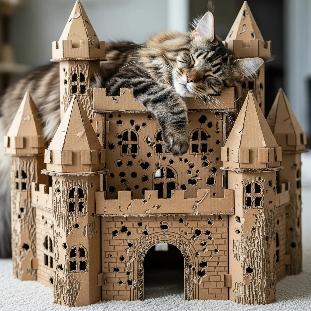 Well-loved DIY cardboard castle after two months of heavy use – proof your cat actually enjoyed it