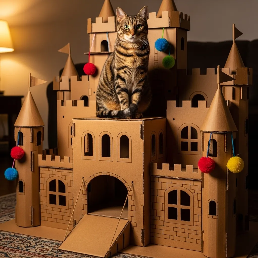 Cat ruling from the top of a homemade cardboard castle – the ultimate DIY cat enrichment project