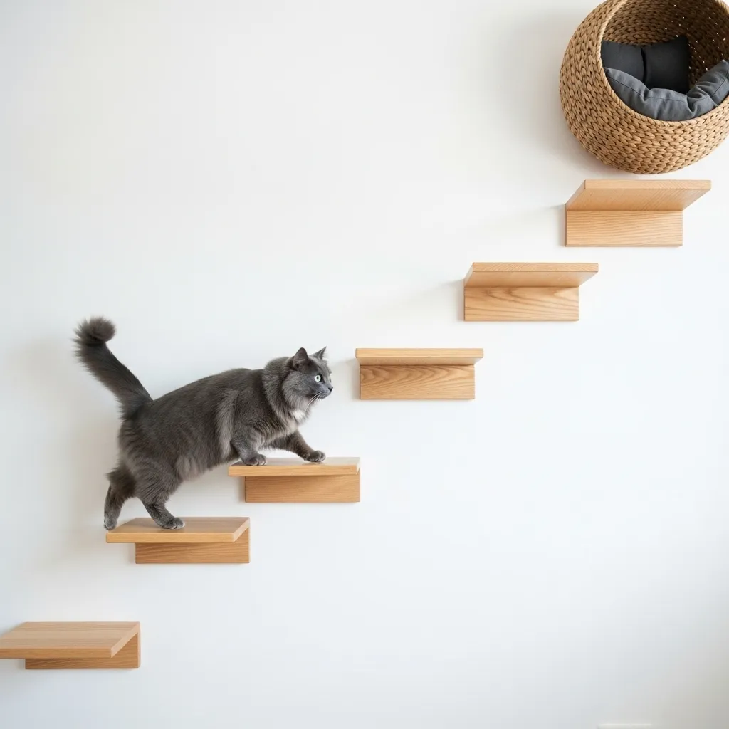 Floating cat shelves creating a vertical highway – space-saving cozy cat nook idea for apartments