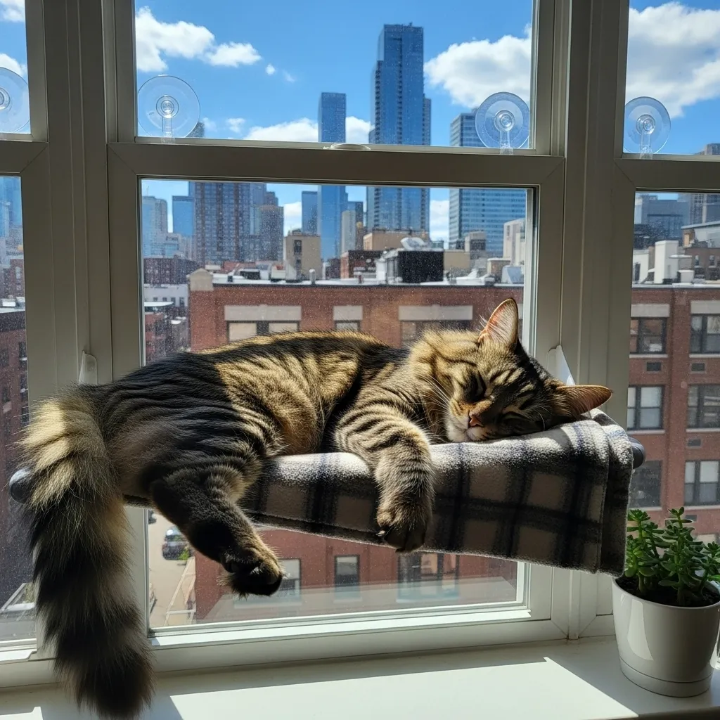 Cat relaxing in sunny window hammock perch – perfect cozy cat nook for small apartments