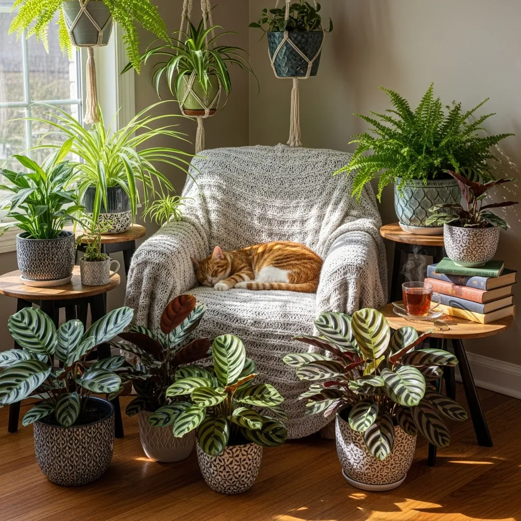 Best Indoor Plants That Are 100% Cat-Safe 4 Peaceful cat napping safely among lush collection of 100% cat-safe houseplants