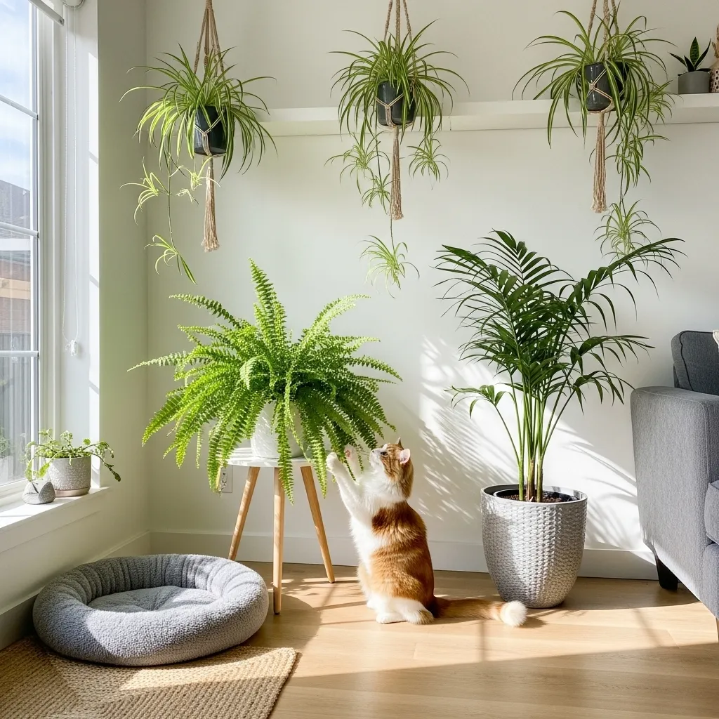 Best Indoor Plants That Are 100% Cat-Safe 1 Cat-safe indoor plants creating a lush, pet-friendly living room jungle
