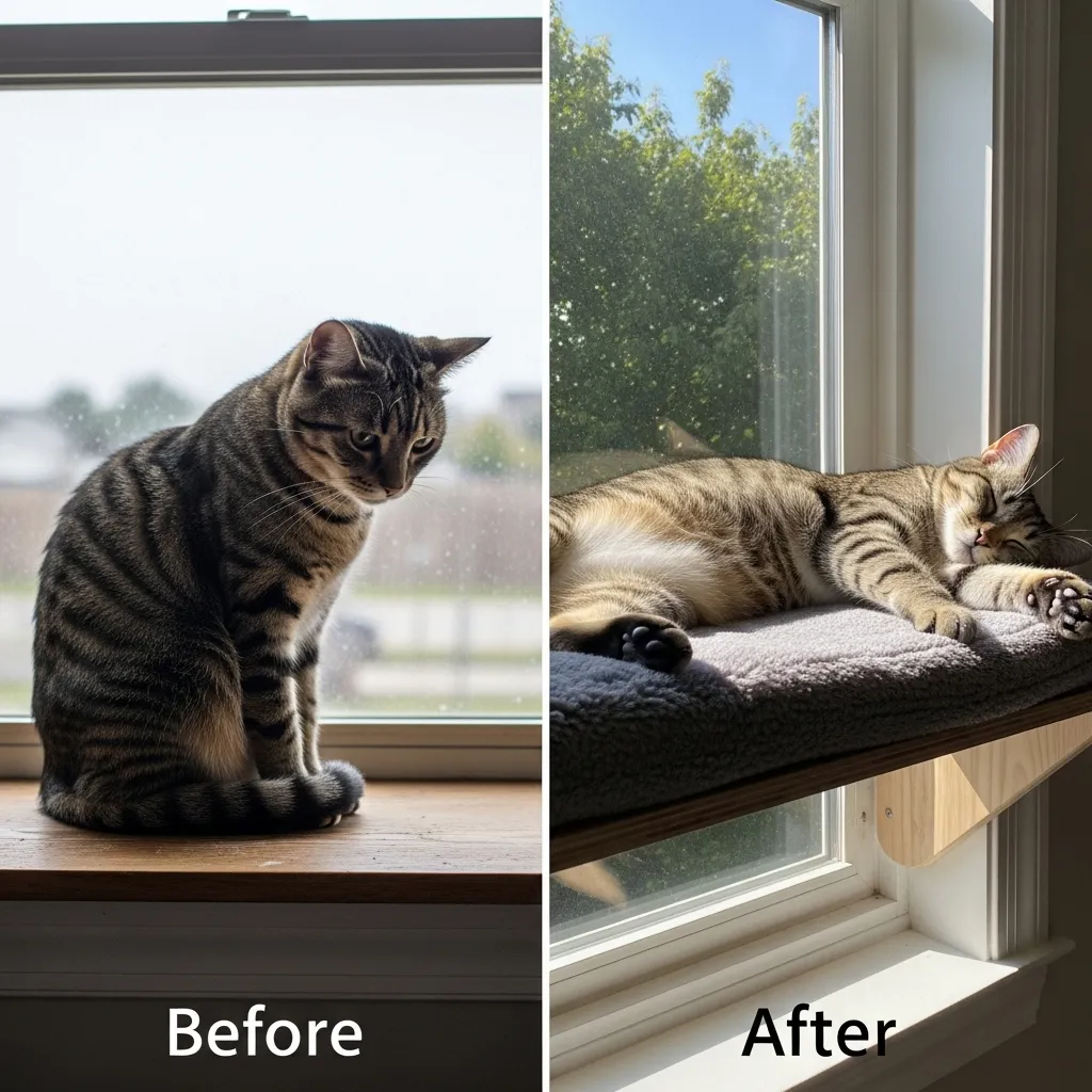  Before and after DIY cat window perch transformation