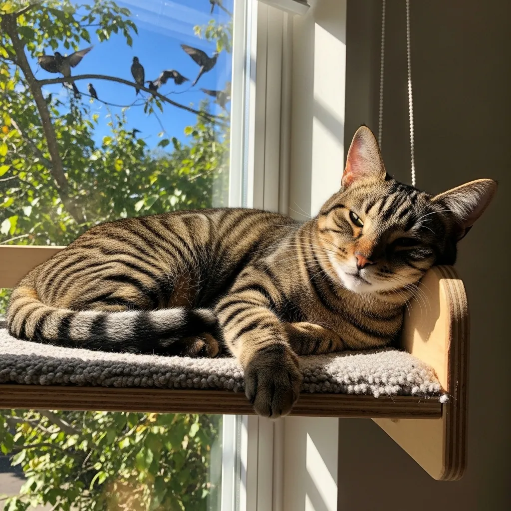 Cat enjoying a sturdy DIY cat window perch with natural sunlight and outdoor view