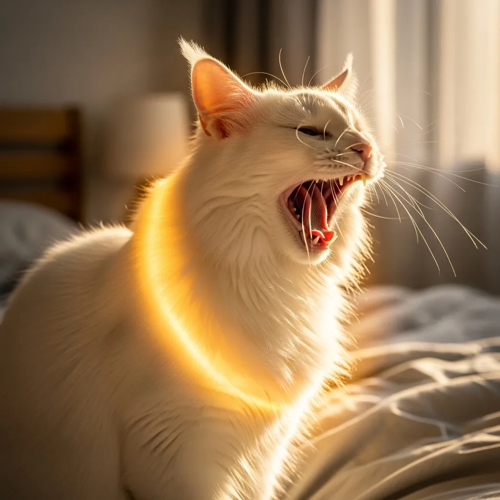 Cat slow-motion yawn in beautiful morning light