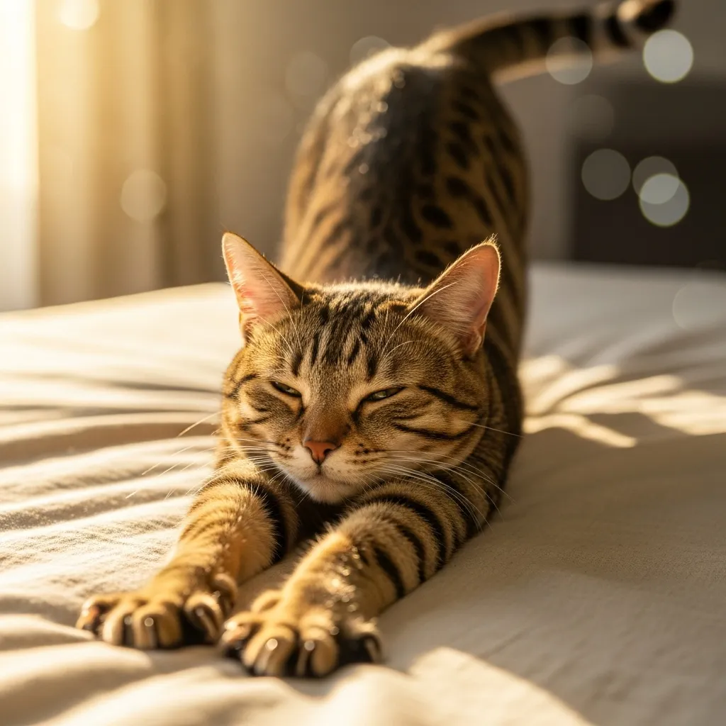 Cat doing full morning panda stretch in golden sunlight on bed