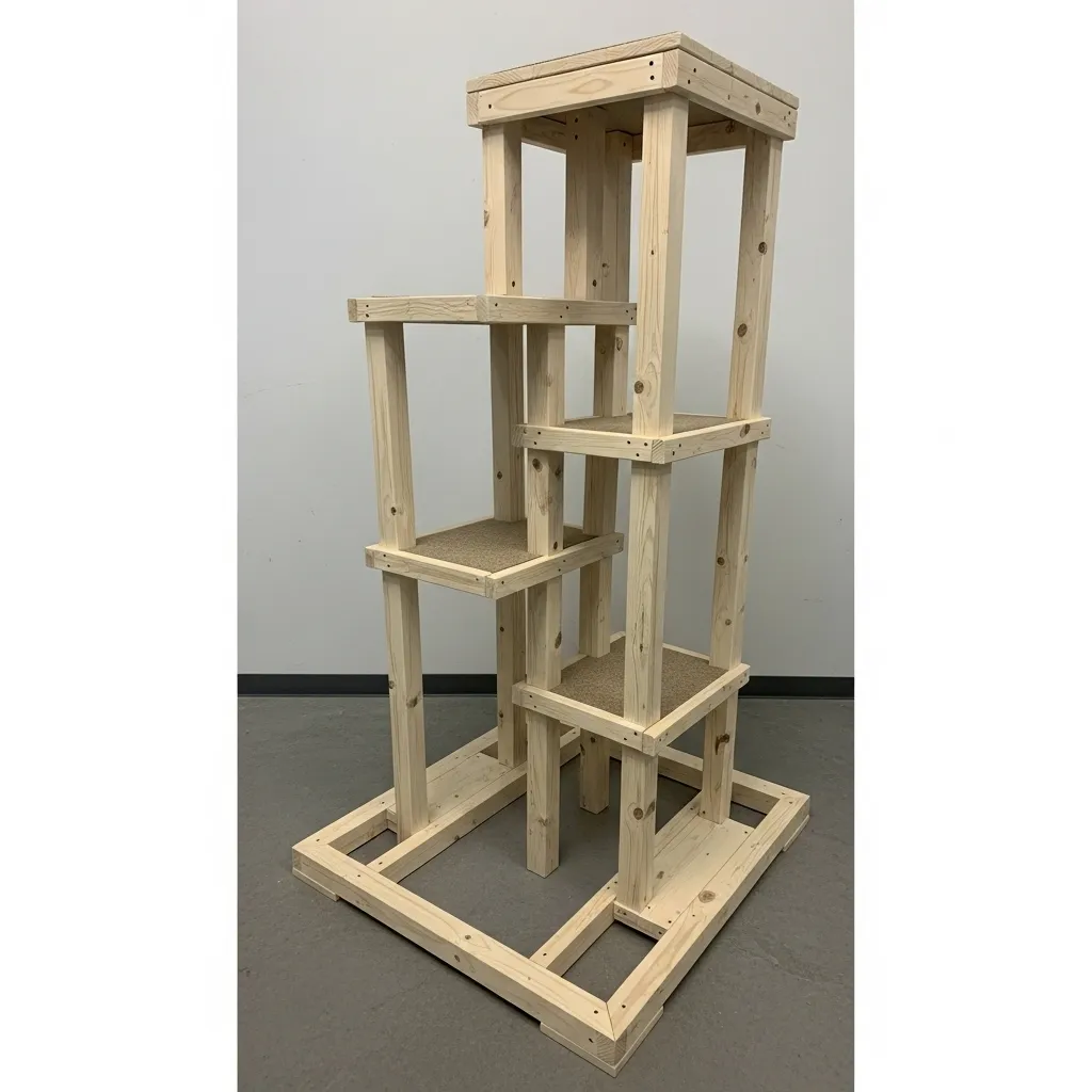  Bare wooden frame of 6-foot DIY cat tower showing base, vertical supports, and platform levels before carpeting