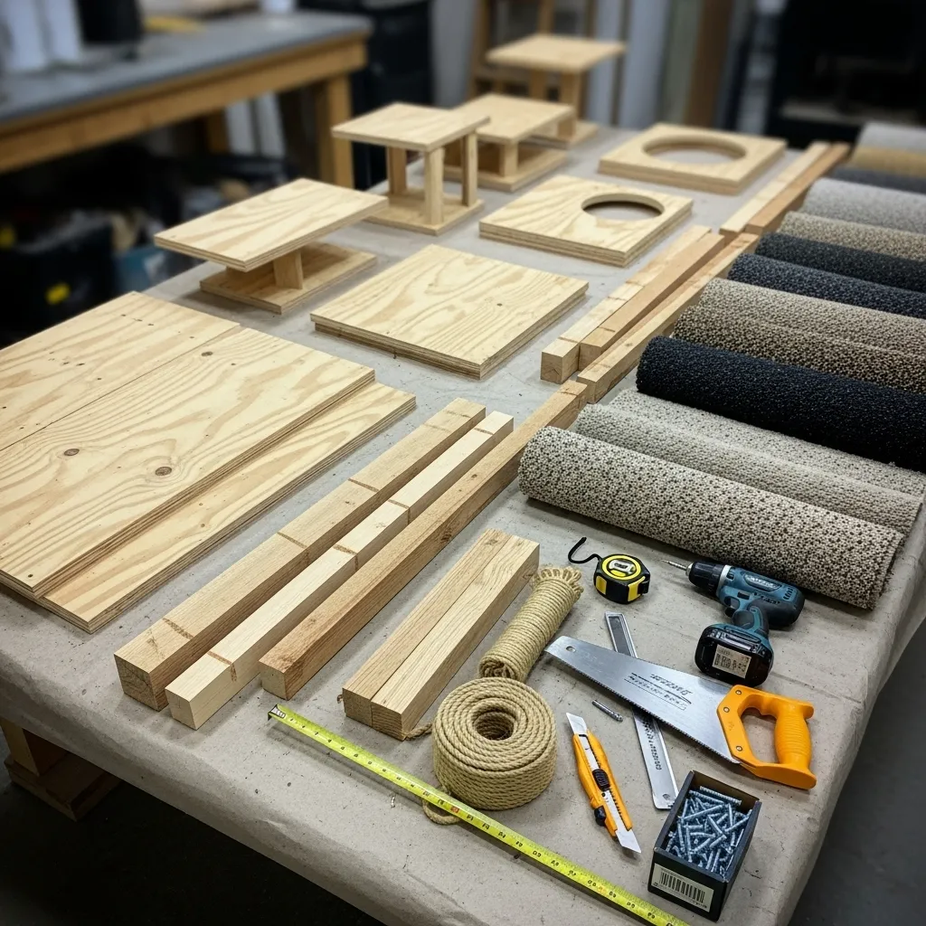 DIY cat tower materials laid out including plywood pieces, 2x4s, carpet remnants, sisal rope, and tools