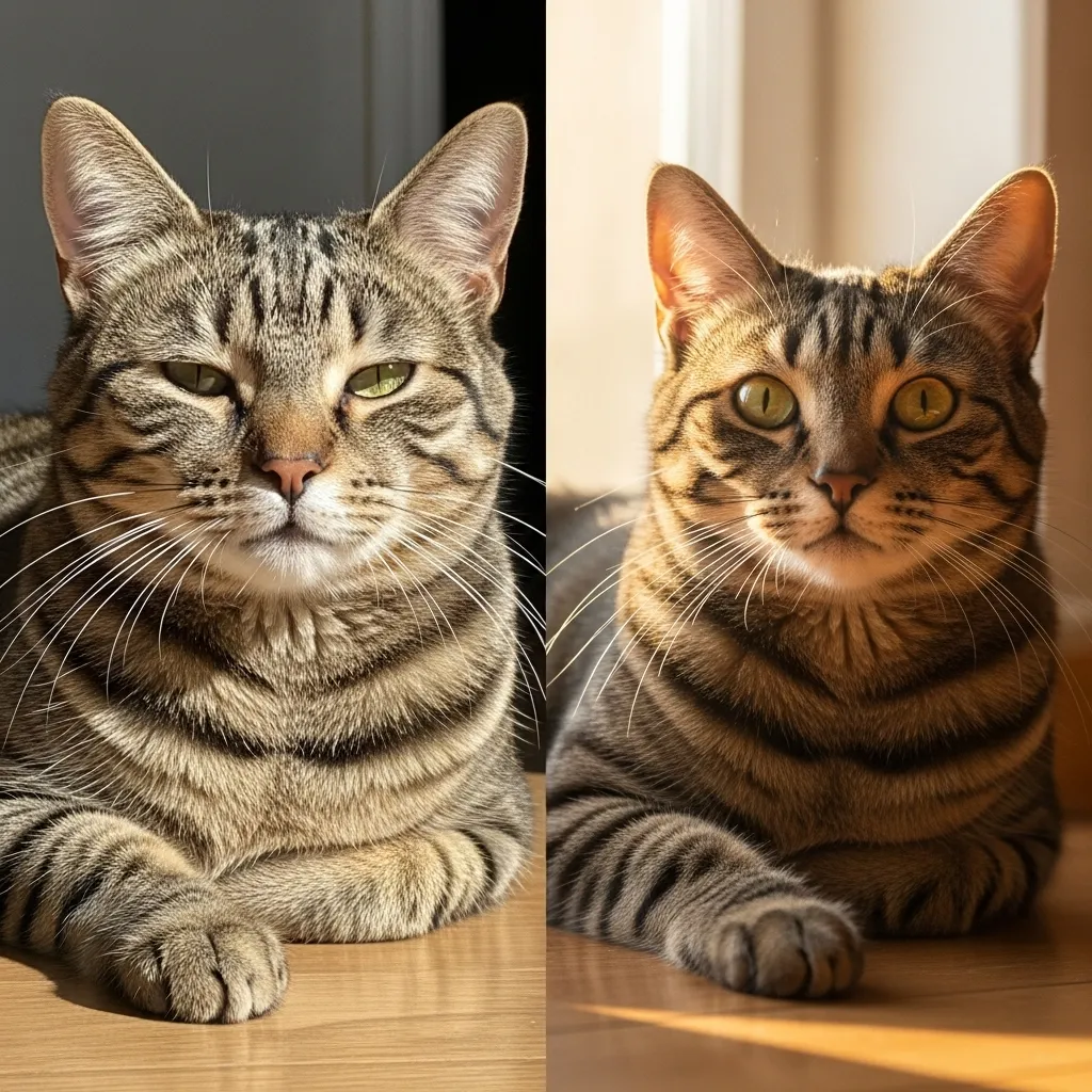  Before and after cat photography lighting comparison – harsh sun vs golden hour window light