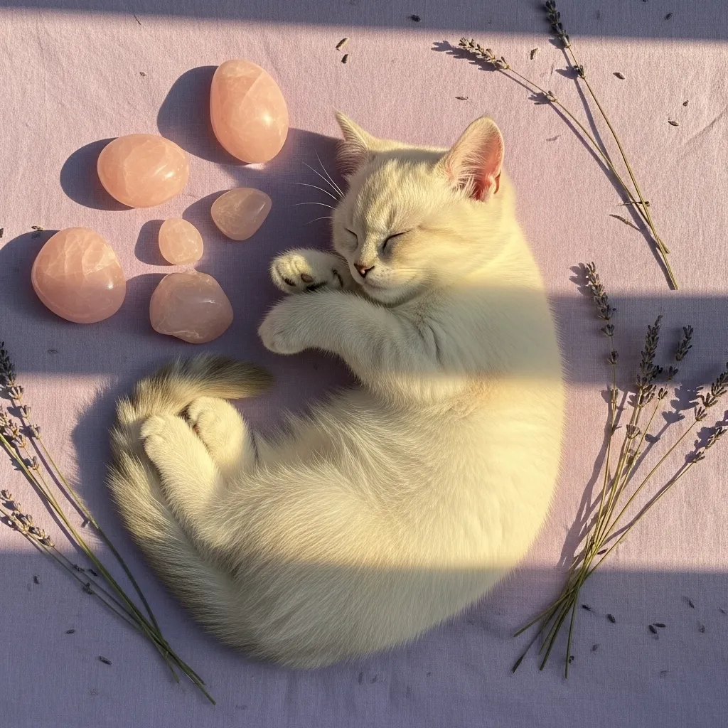 Cream kitten on lilac bedding – perfect cat color palette inspiration for soft bedroom decor