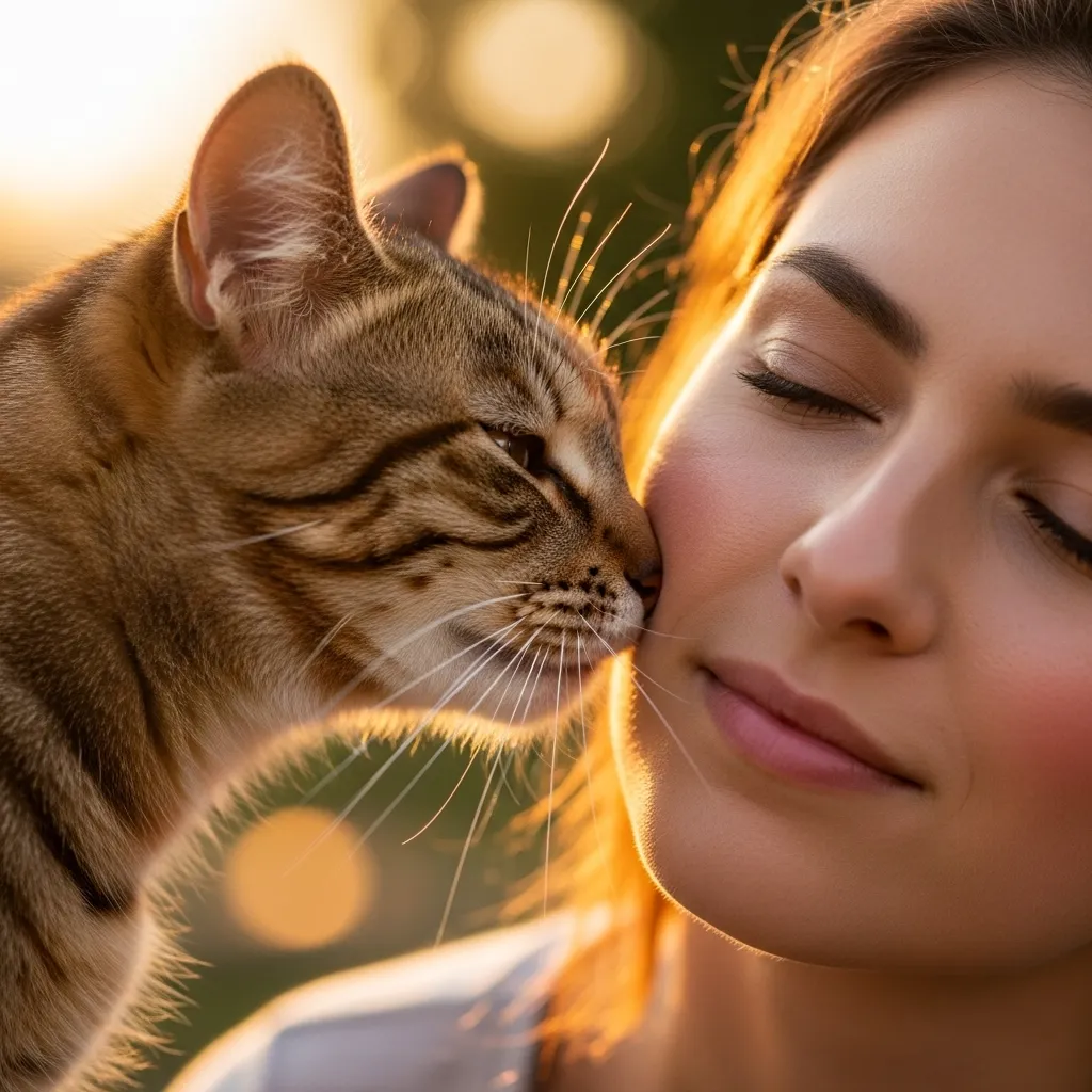 Cat mom receiving gentle head-bunts from her tabby – the ultimate sign of feline trust
