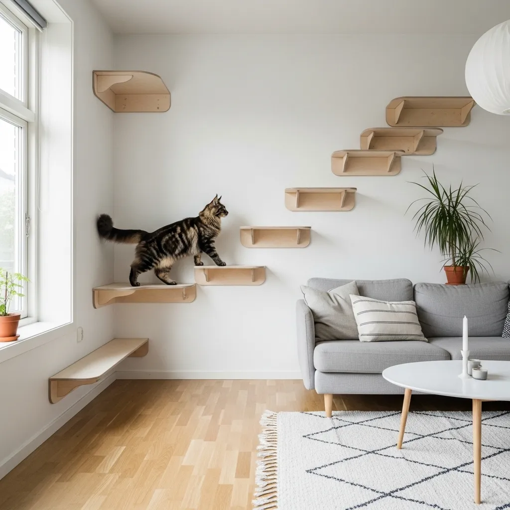 Curved birch cat wall system creating a safe highway in a bright Scandinavian living room