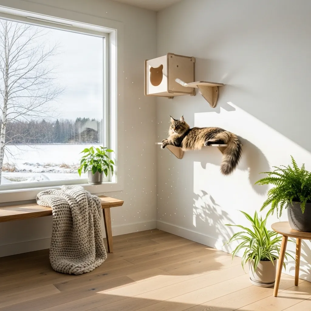 Norwegian Forest Cat enjoying natural light in a minimalist Scandinavian living room with birch cat shelves
