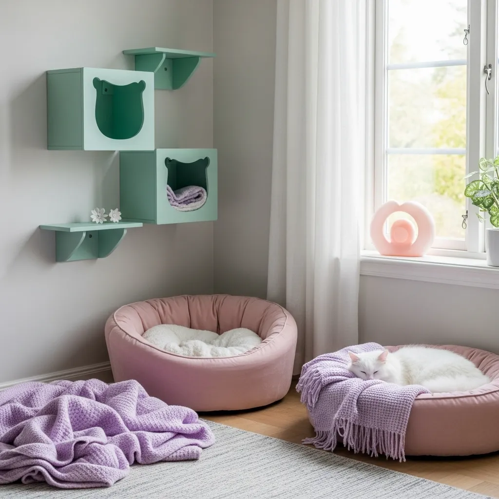 Pastel cat corner in mint, blush, and lavender with sleeping white cat