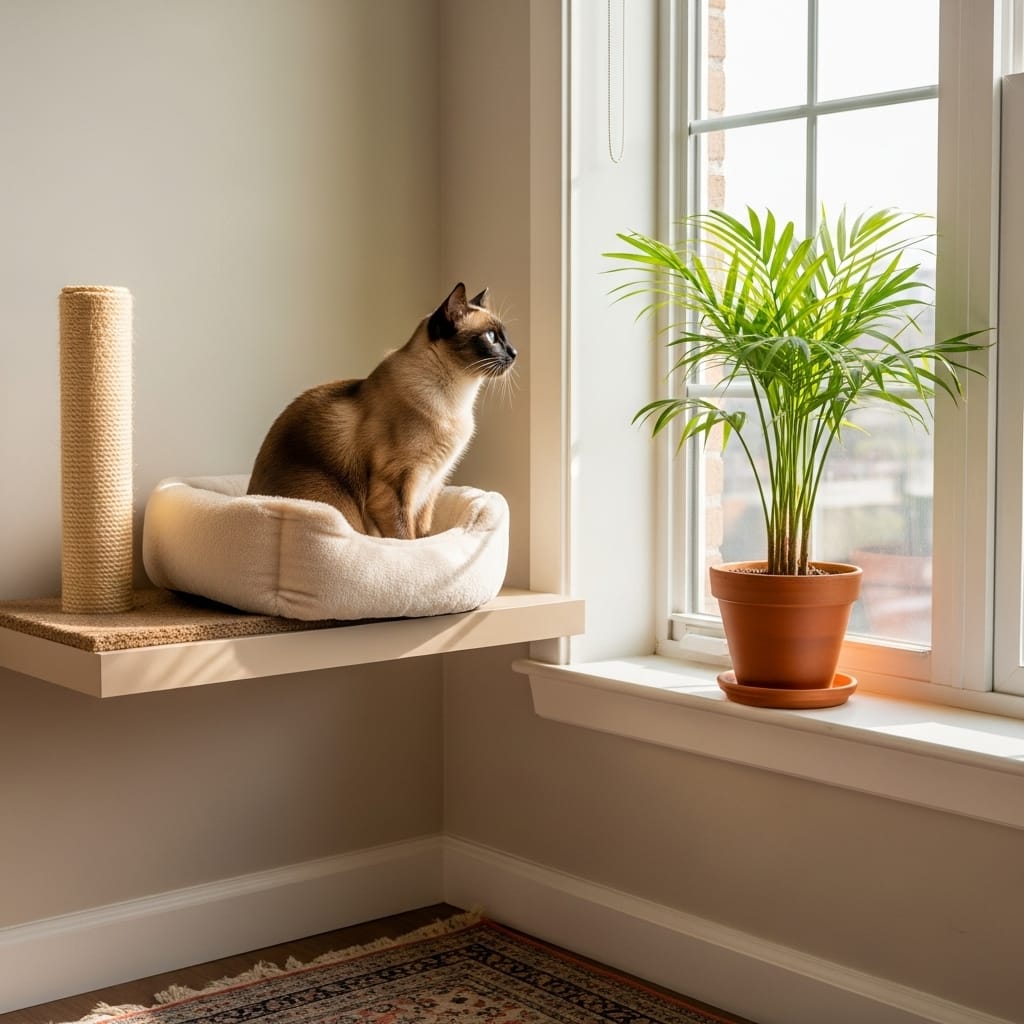 Budget-friendly mocha beige cat space in small apartment using floating shelves and neutral textures.