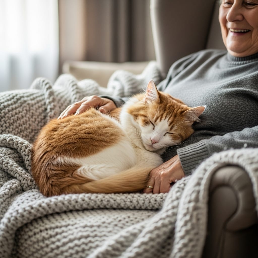 Senior cat and owner sharing a quiet moment – celebrating long cat lifespan