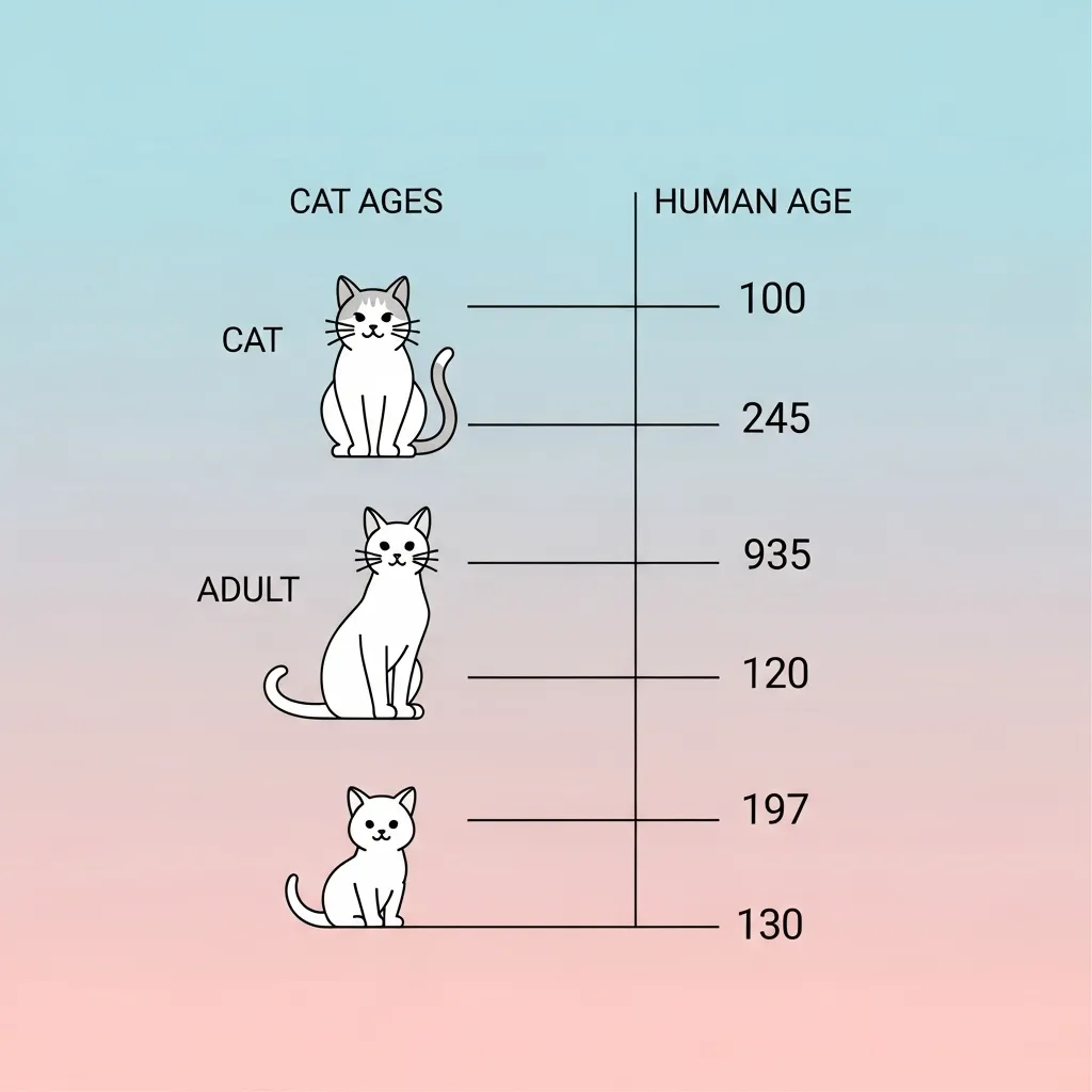 Cat years to human years comparison chart showing kitten, adult, and senior stages