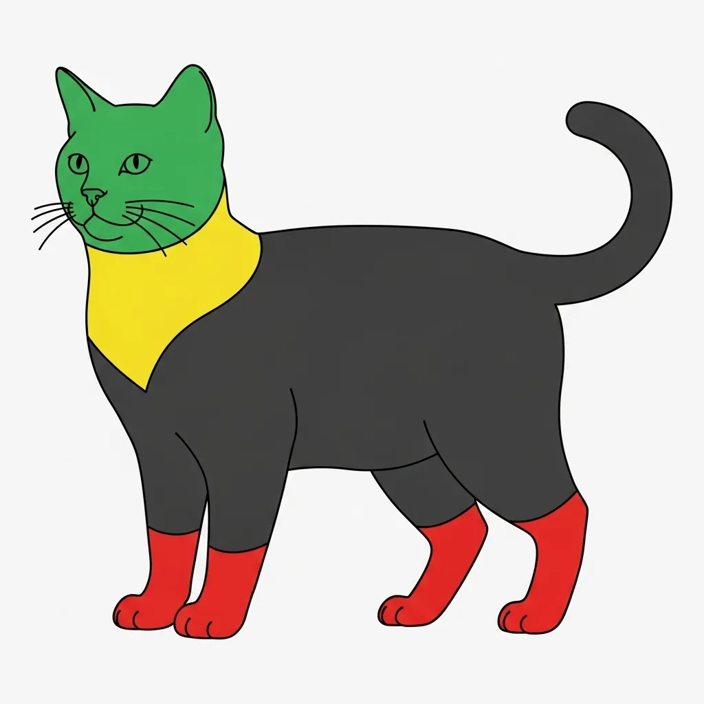  Clean illustrated diagram of cat silhouette with green (head, cheeks, chin), yellow (shoulders), red (belly, base of tail, paws) zones