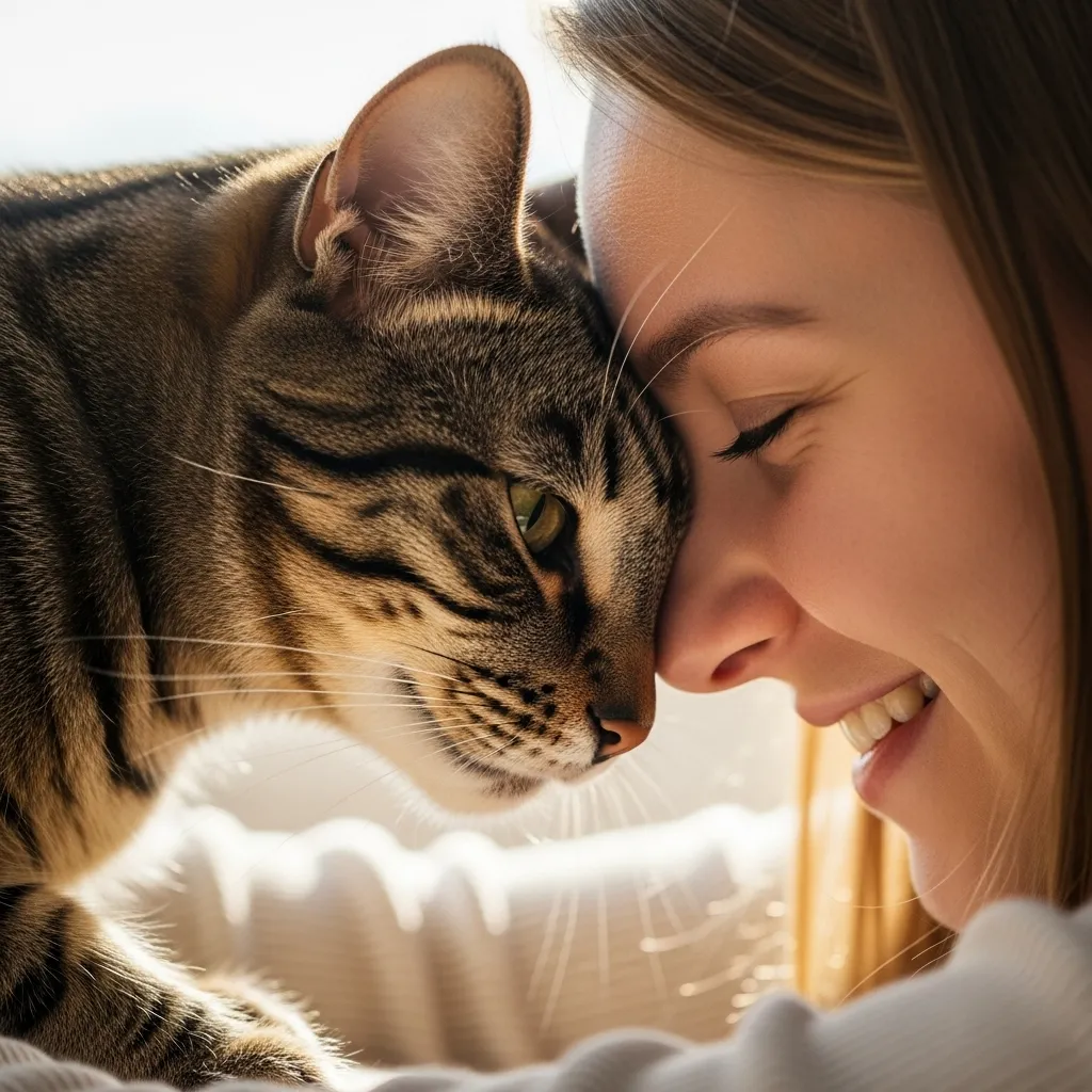 Close-up of relaxed tabby cat pressing forehead against smiling woman’s face, warm afternoon window light, shallow depth of field
Headbutt 
