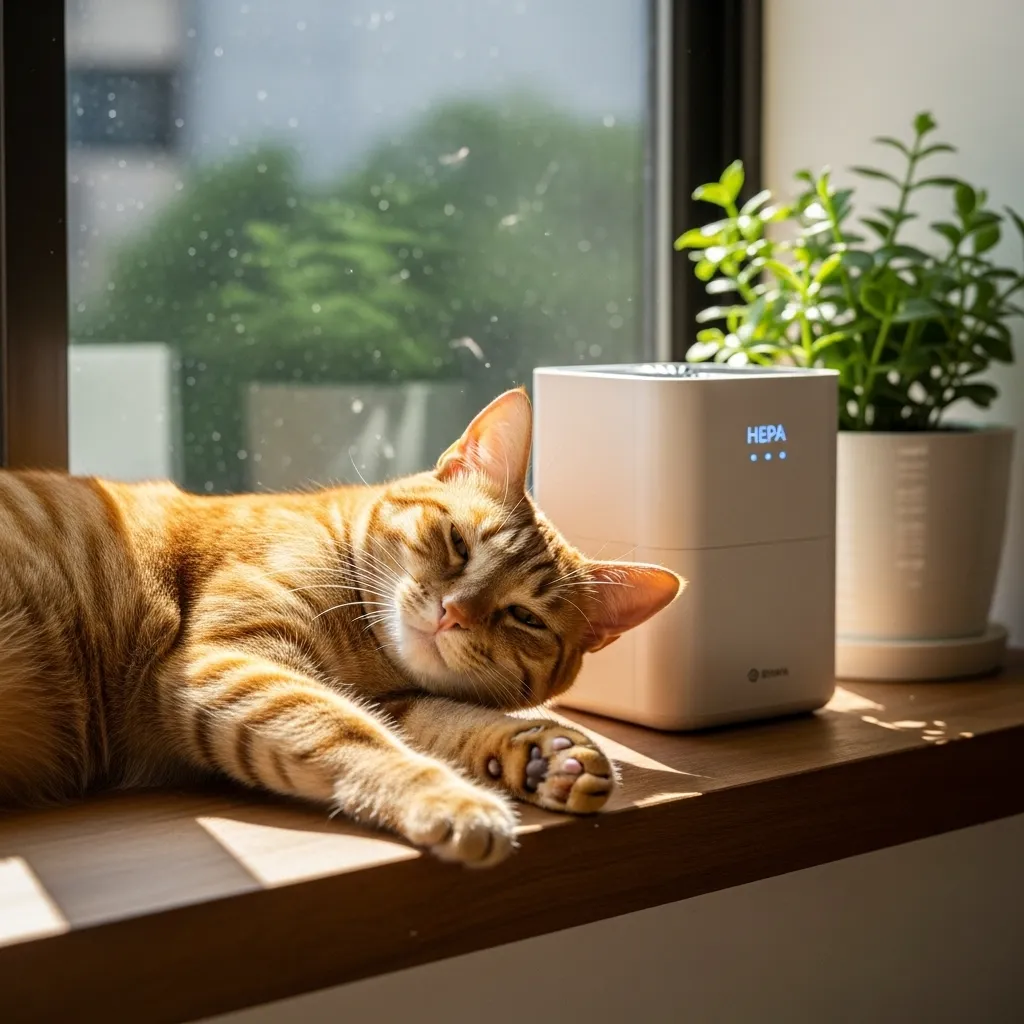Cat relaxing in a low-dander home with HEPA air purifier running