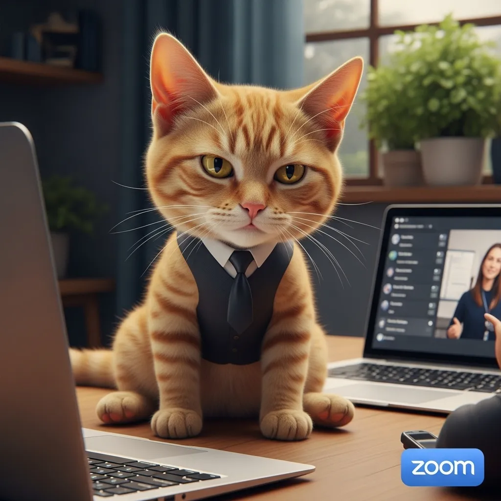 cat boss meme of orange tabby in tie sitting on laptop during zoom call