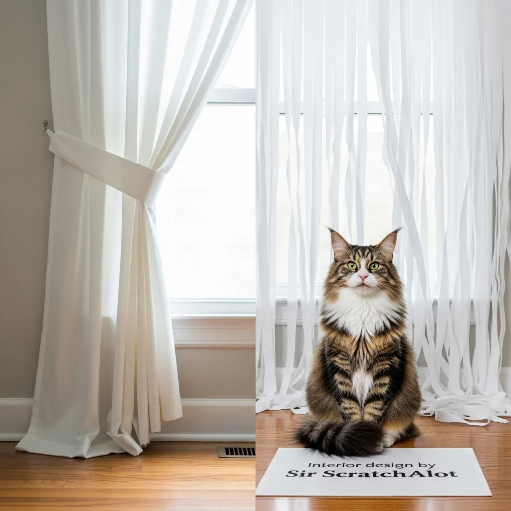 Cats destroying everything meme: before and after curtain shredding by Norwegian Forest Cat