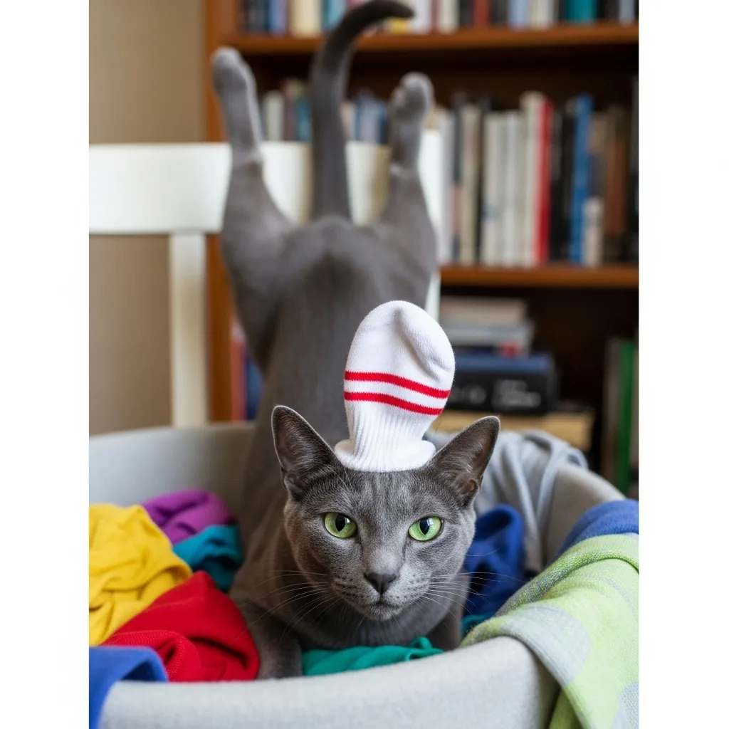 Viral cat fail GIF: shelf jump belly flop into laundry basket with sock hat – cat chaos 2025