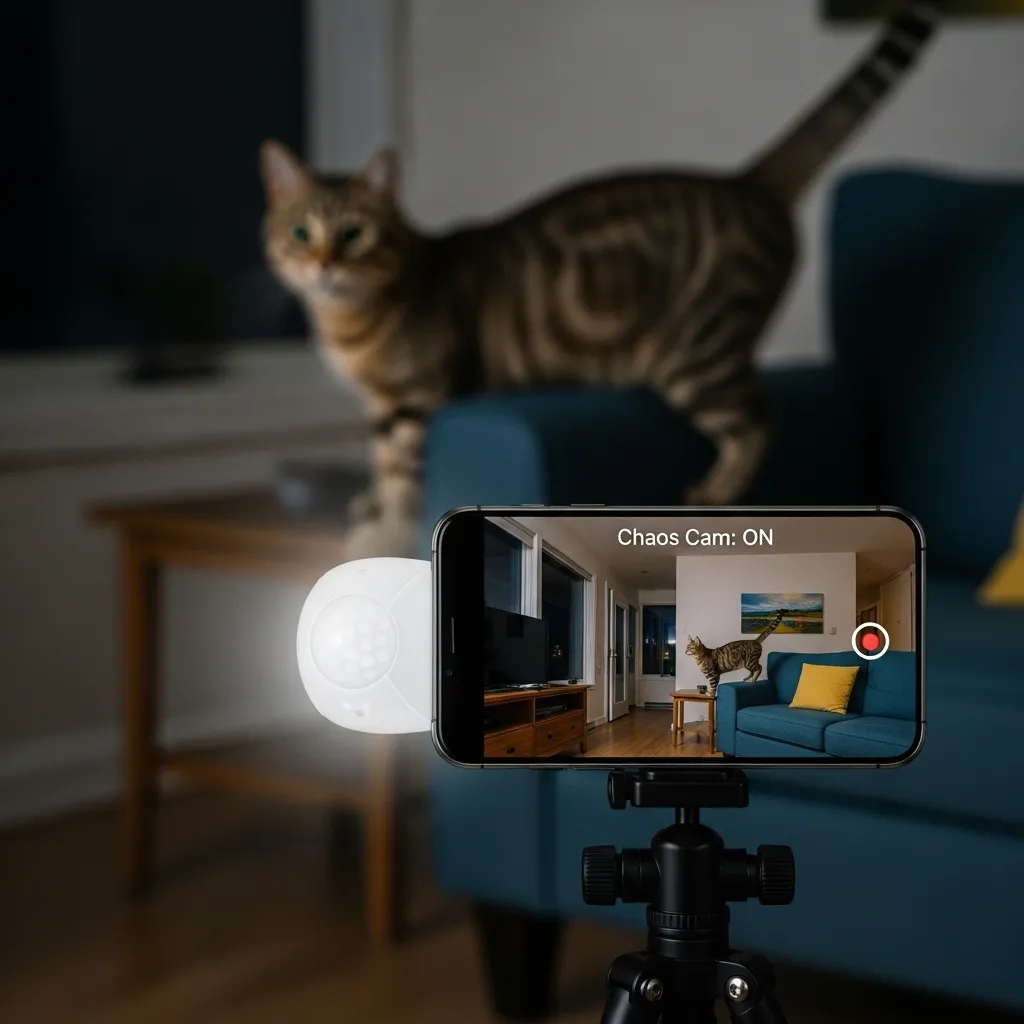 How to film cat chaos: smartphone on tripod capturing midnight zoomies in living room