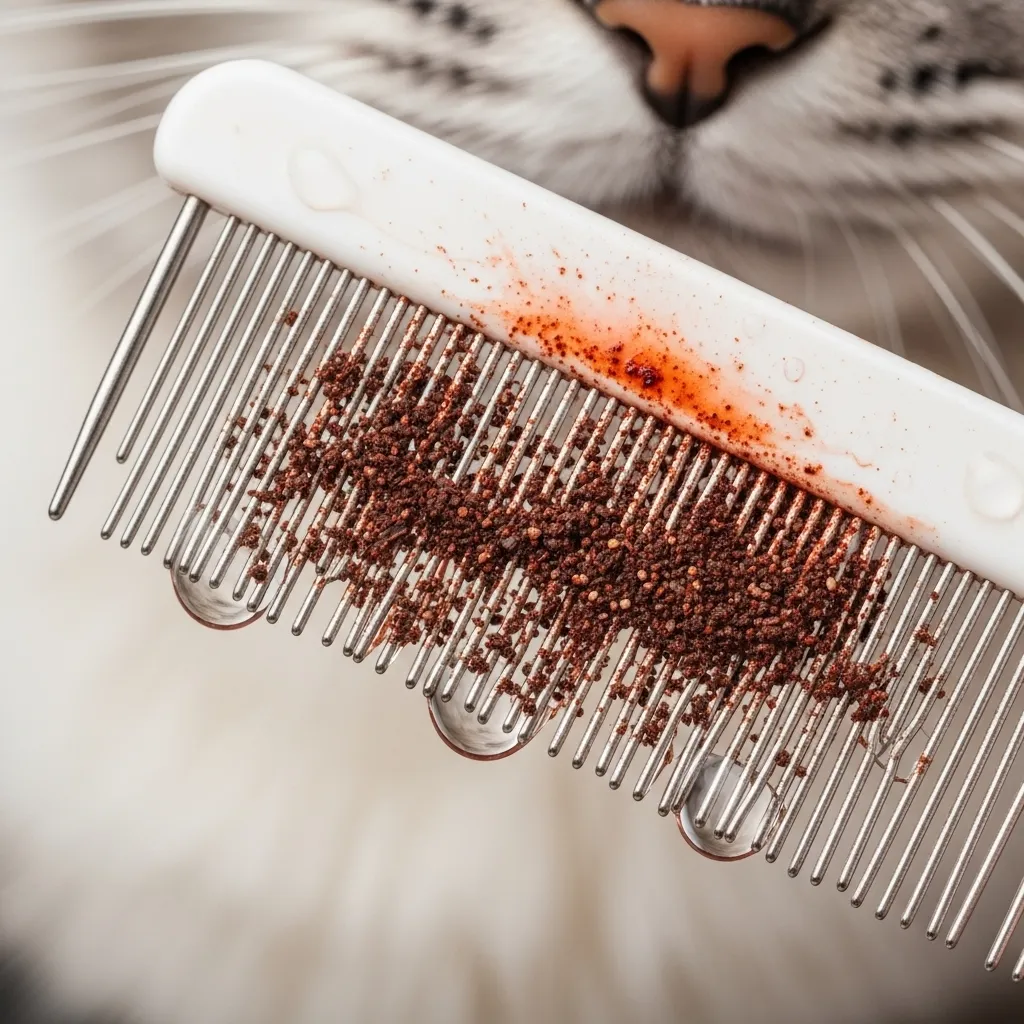 Flea dirt on flea comb turning red when wet – clear sign of active flea infestation on cats
