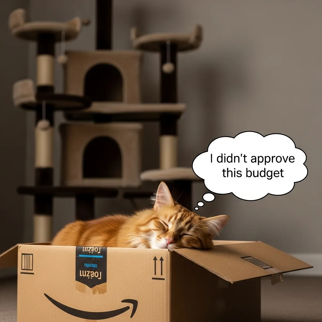 office cat boss meme cat sleeping in delivery box ignoring expensive toy