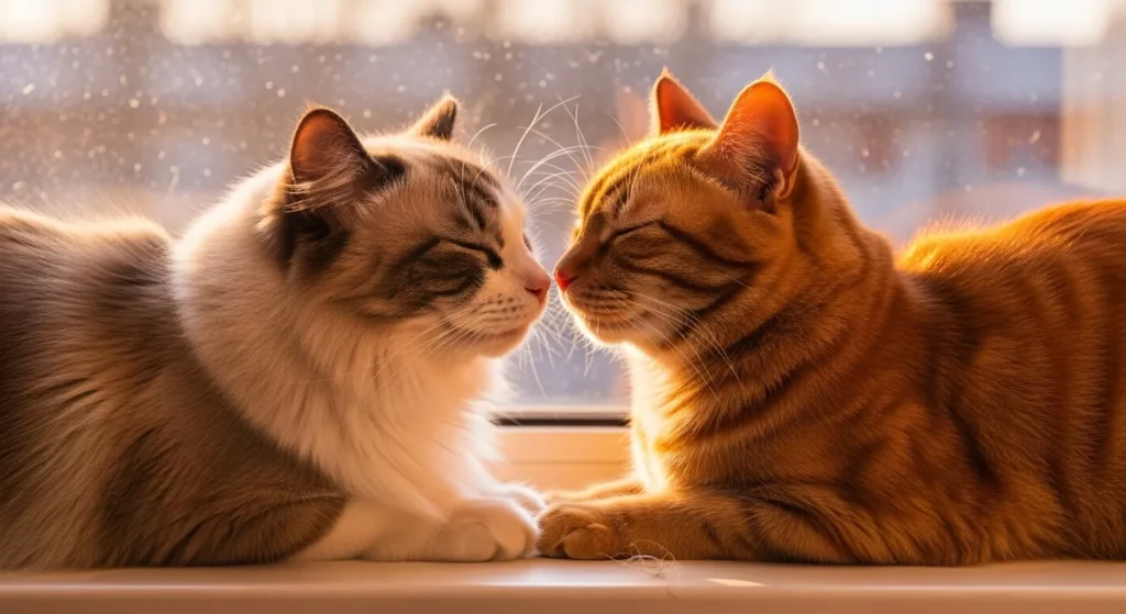 Cute cat friends slow blinking at each other golden hour – ultimate cat friendship meme material 2025