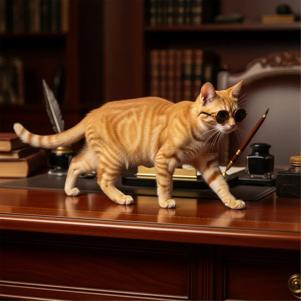 cat boss GIF orange cat wearing sunglasses walking on office desk