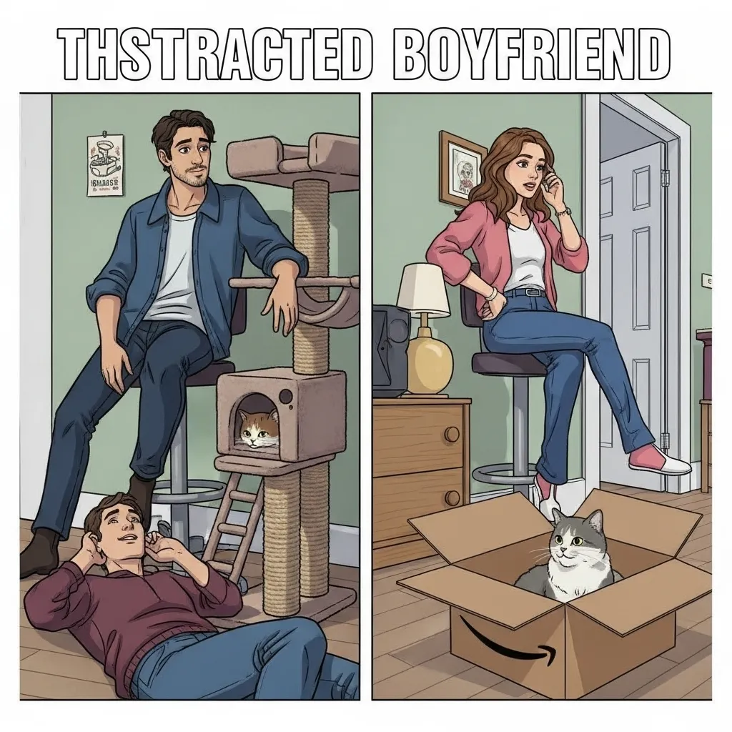 Cat behavior meme: distracted boyfriend chooses Amazon box over $800 cat tree