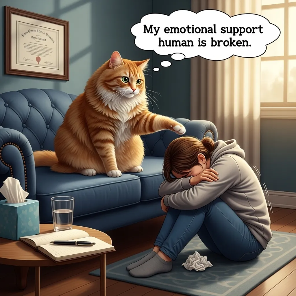 Relatable cat owner meme: cat as therapist while human cries over destroyed couch