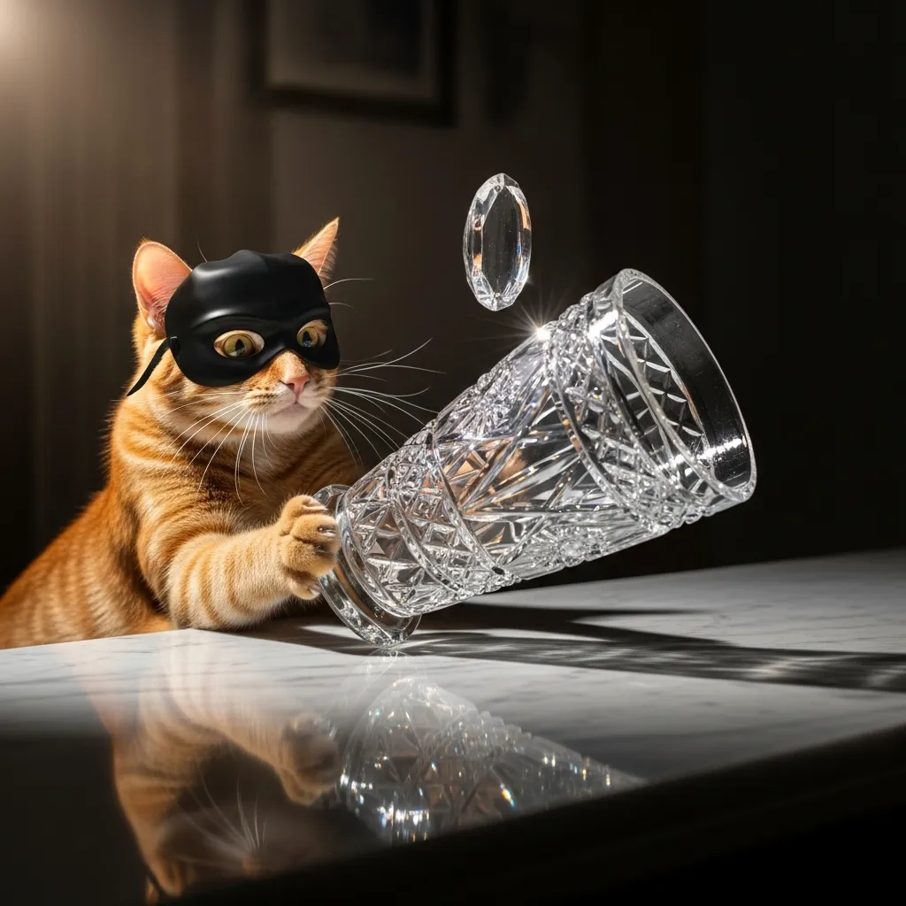 viral cat mischief meme 2025 - cat knocking things over with burglar mask